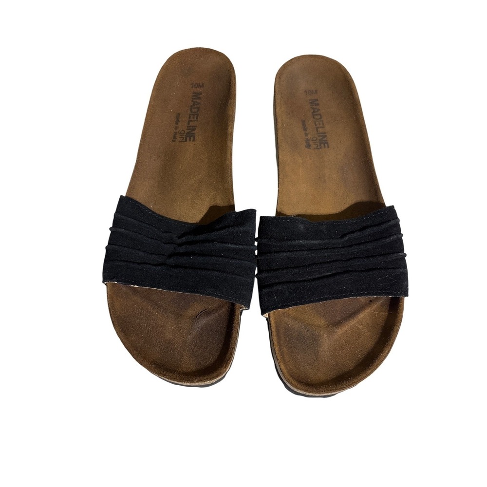 Madeline‎ Girl Black Suede Ruched Slide Sandals Women's Size 10M Italy